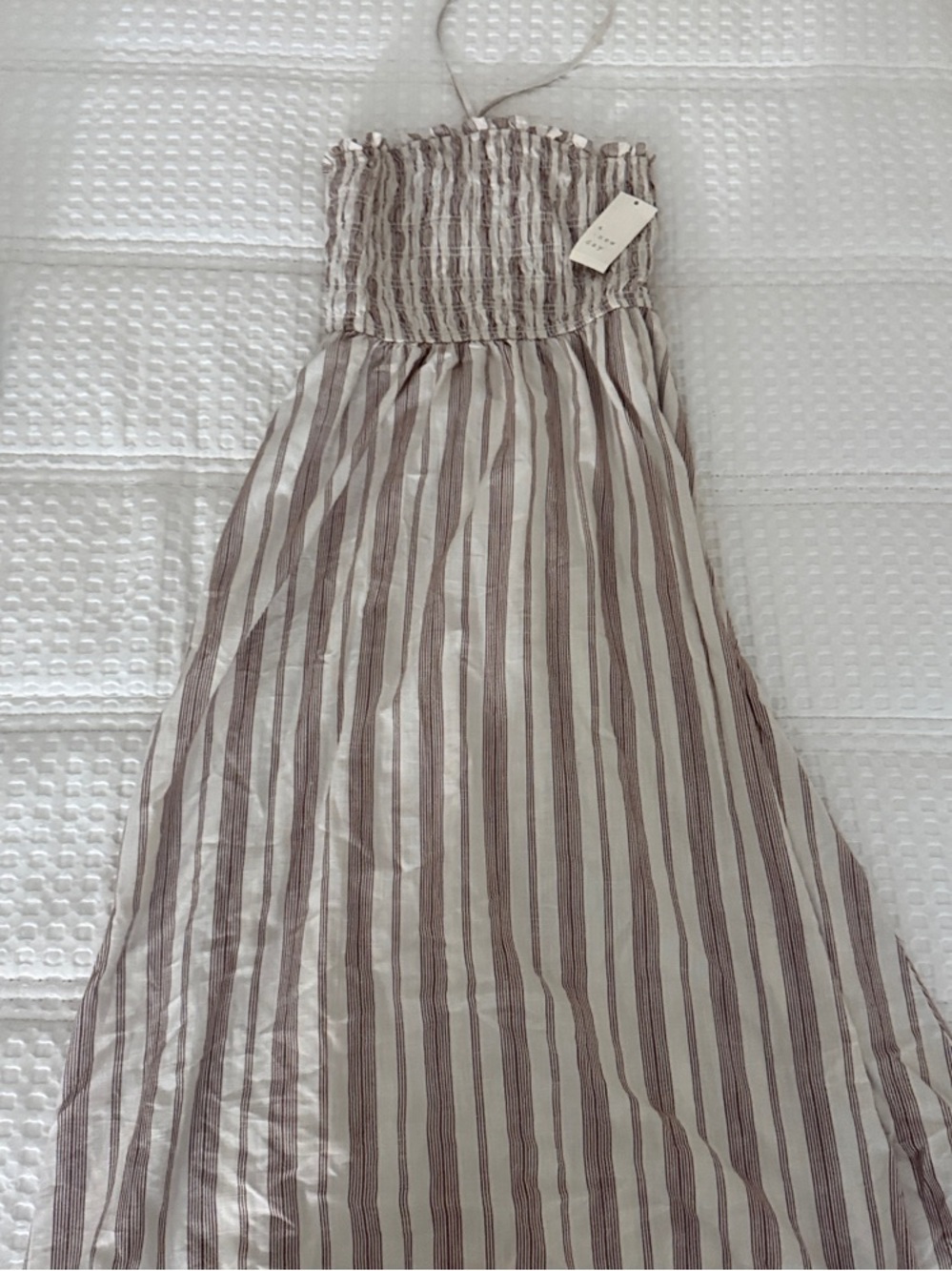 Strapless Smocked Bodice Maxi Dress in Taupe and White Stripes